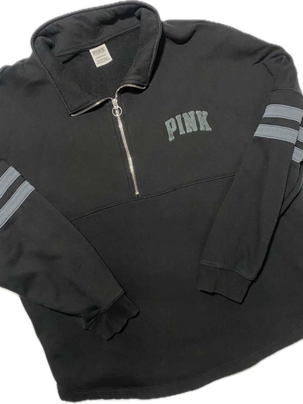 PINK Victoria's Secret Black Quarter-Zip Pullover with Gray Stripes
